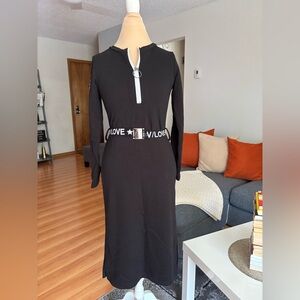Black Midi Dress with Zip Front and 'LOVE' Statement Belt